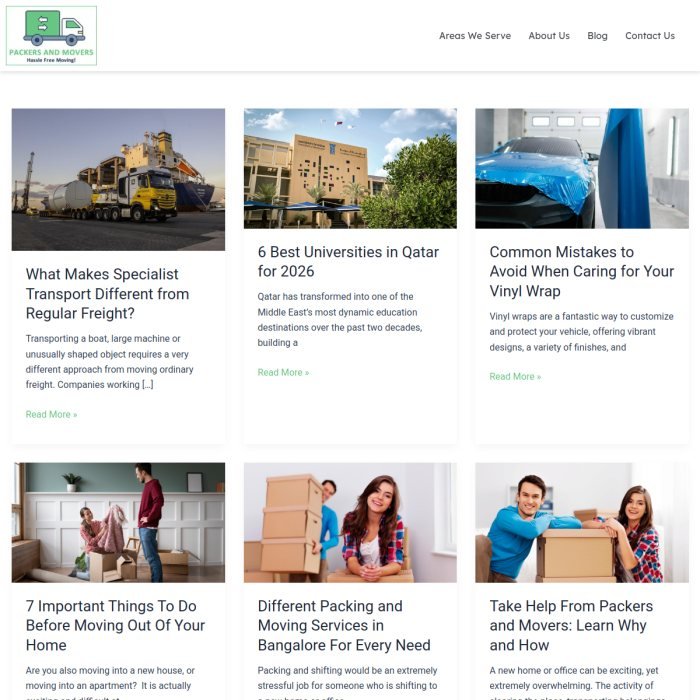Screenshot of the Packers Movers Bangalore website