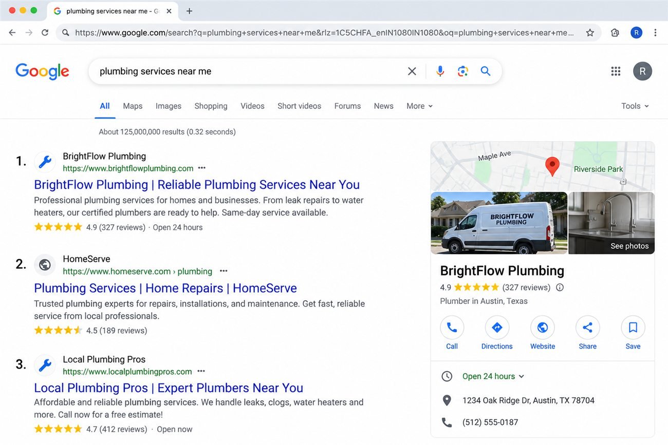 Example of a Google Business Profile shown next to local search results, with photos, reviews and call and directions buttons