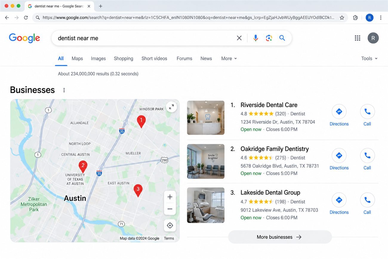 Example of the Google local results and map shown for a 