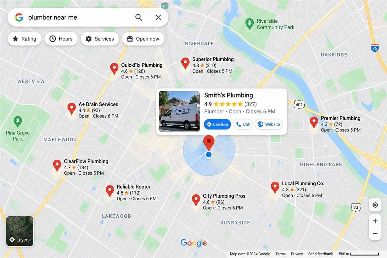 Example of a Google Maps search where each business shows its star rating and number of reviews