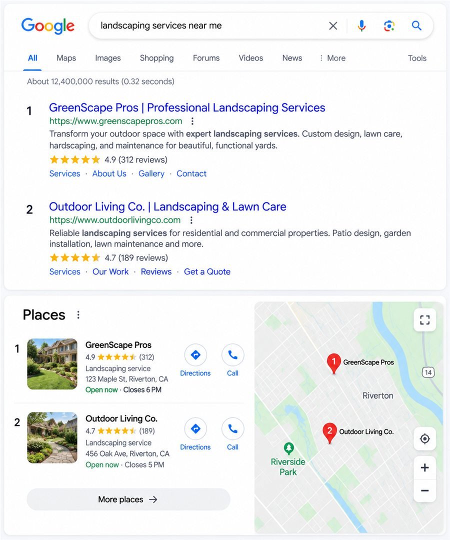 Example of Google search results, local places and a map for a landscaping services search