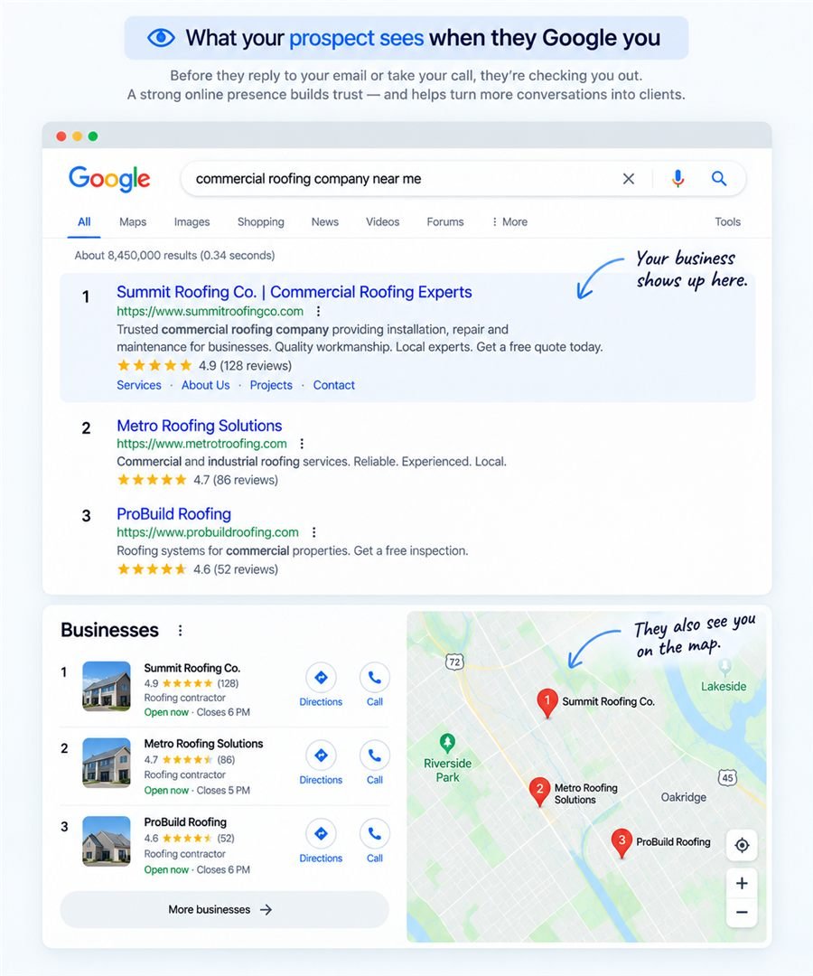 Example of a local business ranking first in Google Search and in the Google Maps results