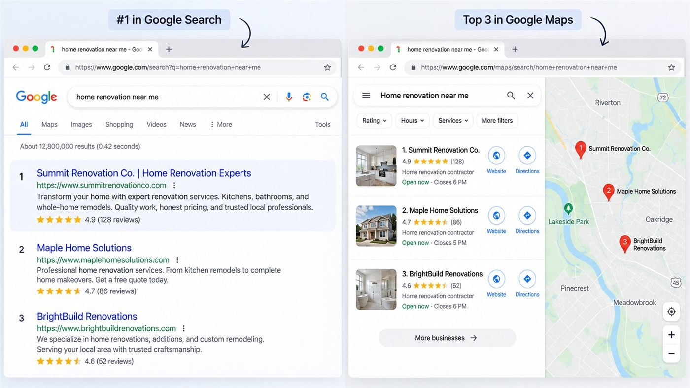 Example of a business ranking first in Google Search and in the top three of Google Maps