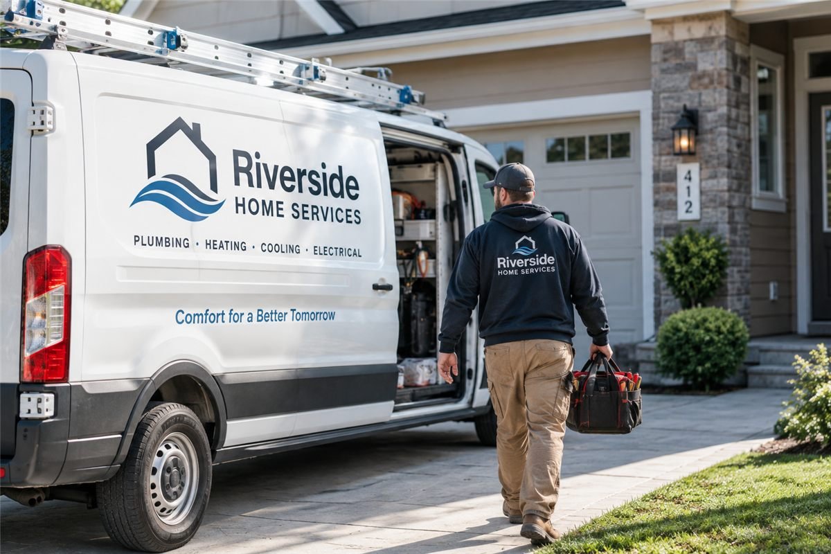 A home services technician walking to a customer's house beside a branded van